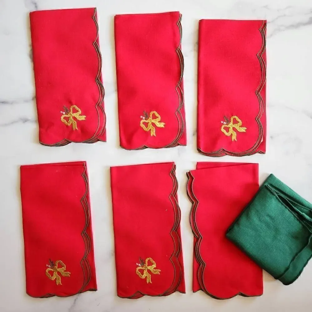 Serviette red green New 7 pieces scalloped hem table linen napkins